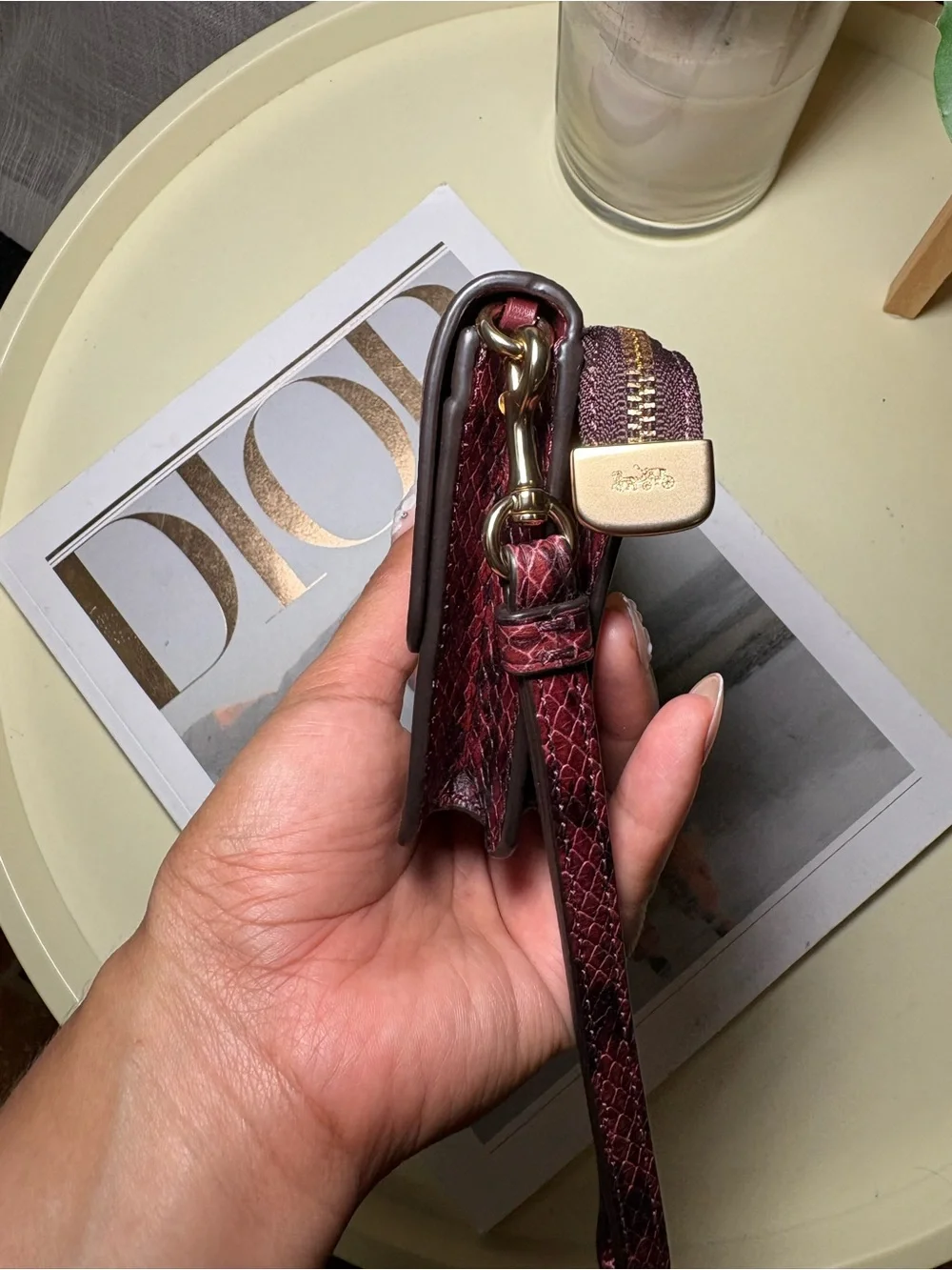 COACH Two-Tone Signature Leather Wristlet in Burgundy and Khaki